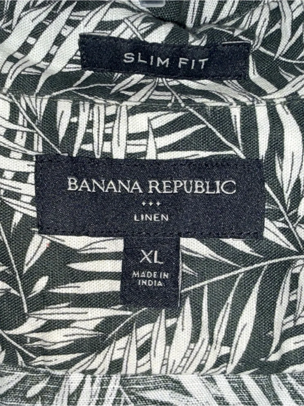 Banana Republic Men’s Linen Gray & White Leaf Print Short Sleeve Shirt-XL-EC